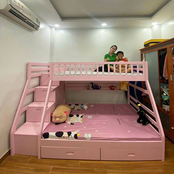 Giường tầng gỗ thông cho bé màu hồng